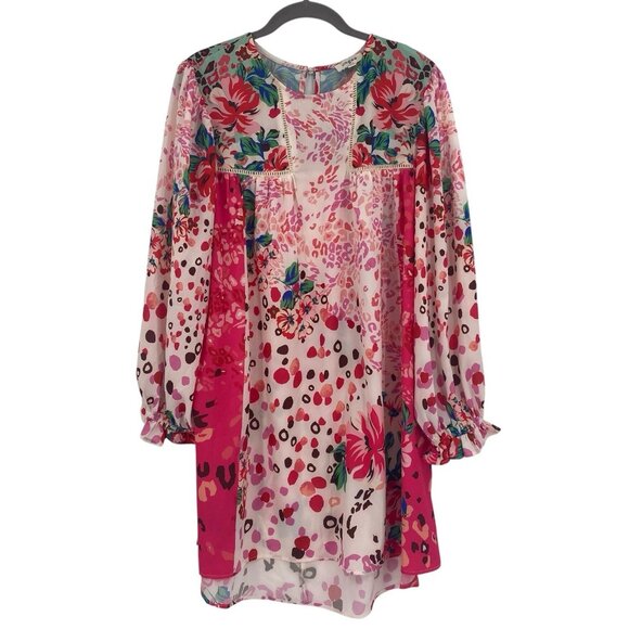 Umgee Size Large Mixed Print Ruffle Dress Crochet Lace Trim Boho Floral Pink - Picture 1 of 10